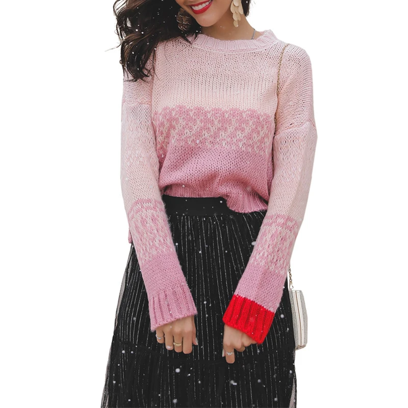 Aliexpress.com : Buy Pink Patchwork Knitted Sweater And Pullovers Female Casual Loose Long 