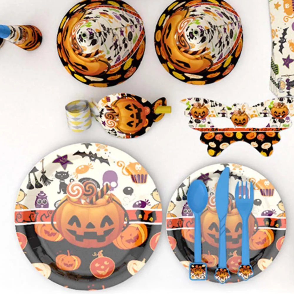 

Halloween Decoration Party Supplies Set 13 Kinds 77pcs Tableware Disposable Plate Paper Cup Napkin Paperboard Party Favor