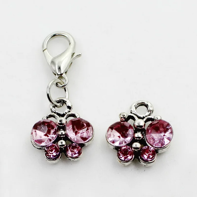 New Crystal Pink Butterfly 20pcs/lot Animals Dangle Charms Lobster Clasp DIY Jewelry Accessory Hanging for Bracelets | Украшения и