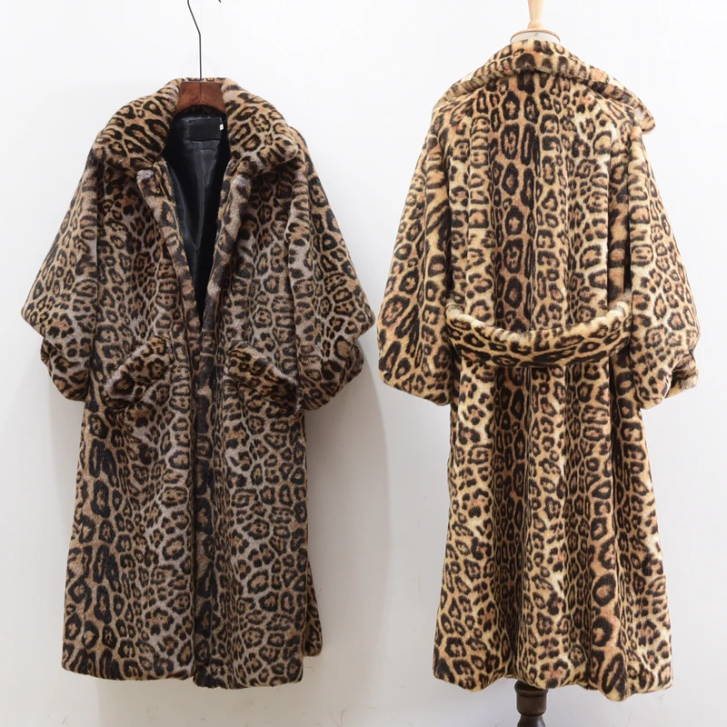 Chic X Long Leopard Faux Fur Coat Jacket Winter Fashion New Pocket Outerwear Thick Warm Cozy Faux Mink Fur Overcoat Female