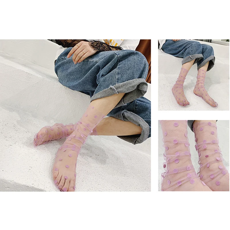 Прозрачные носки в горошек из тюля Модные дышащие тонкие носки для женщин и девочек длинные мягкие забавные носки женские летние Чулочные изделия WZ0045
