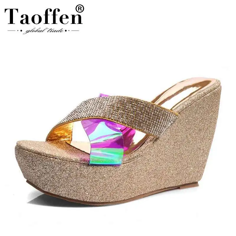 

TAOFFEN Party Brand High Quality Sexy Sandals Bling Wedges Platform Summer Shoes Women Wedding High Quality Casual Size 34-39