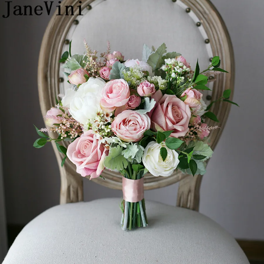 

JaneVini Artificial Blush Pink Bride Bouquet Rose Vintage White Peony Silk Flower Wedding Bouquets Fake Bridal Brooch Holder