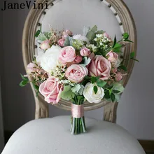 JaneVini ramo de novia Rosa rubor Artificial Rosa flor peonía de seda blanca Vintage ramos de novia falso broche titular