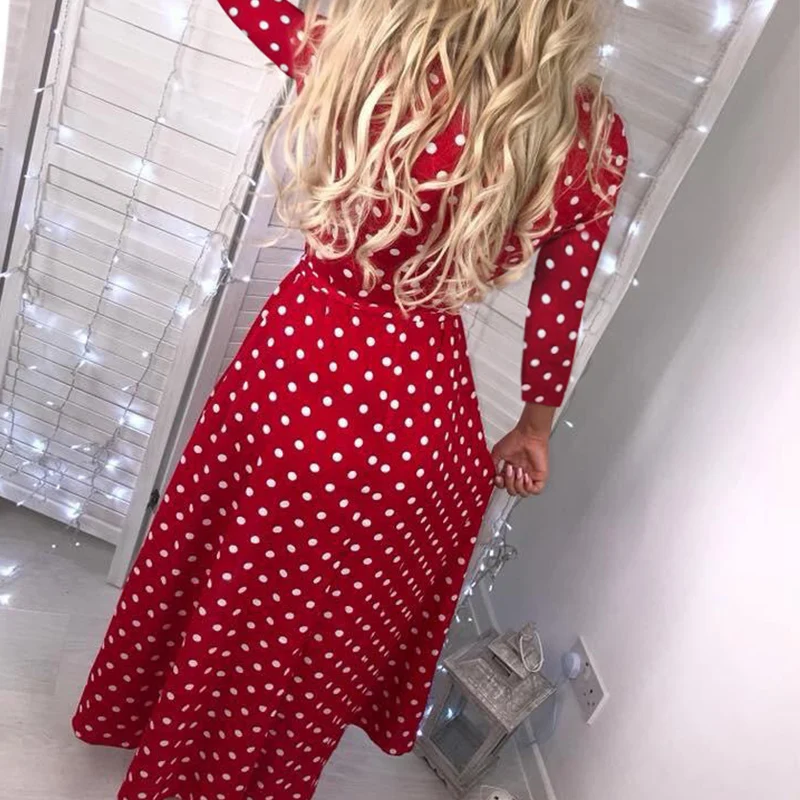 Qunndy 2018 Sexy Long Sleeve V Neck Long Party Maxi Dresses Polka Dot Print Beach Bohemian Vintage Dress Women Casual Vestidos (6)