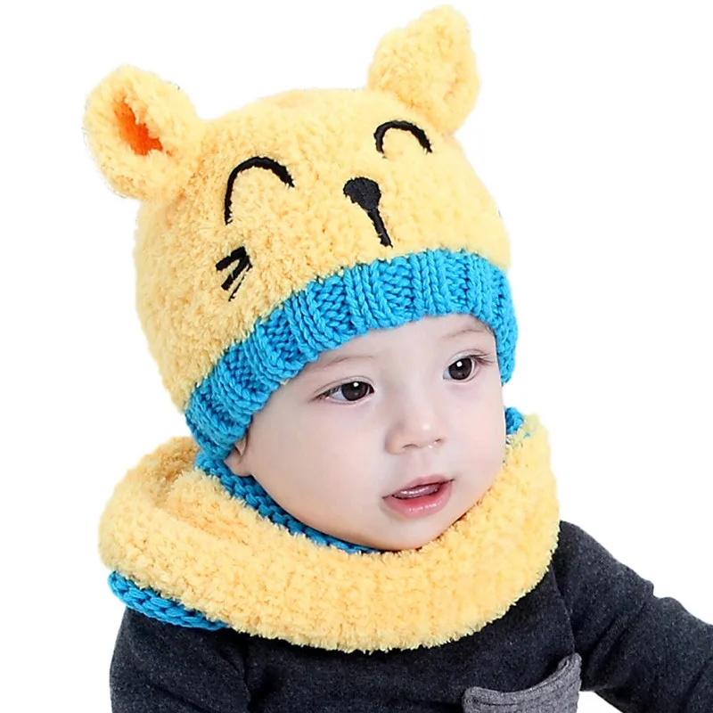 

Baby Toddler Kids Boy Girl Knitted Children's Lovely Soft Hat+Scarf Two Piece Set Set Kitten kids Balaclava snood suit #1026