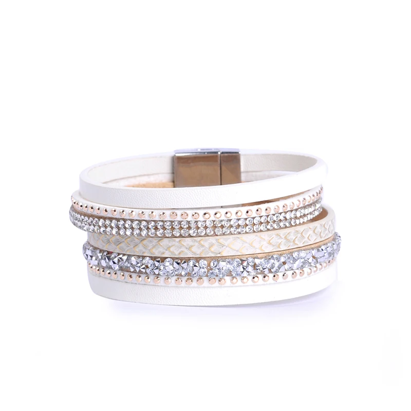 

new fashion many colors multi-layer PU leather bracelet rhinestone beads magnetic clasp women wrap Masculina bijoux Bracelet