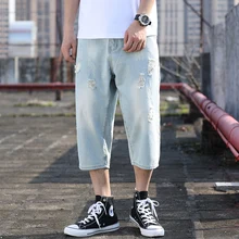 Весенние мужские джинсы высокого качества мужские хлопковые прямые джинсы с разрывами синие свободные 3/4 Длинные мужские летние джинсы