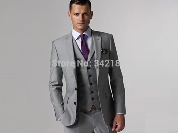 Cena Jasnoszary Dwa Przyciski Notch Lapel Groom Smokingi Oblubieniec Drużbą Garnitur (kurtka + Spodnie + Krawat + Vestwedding Mężczyźni Odzież