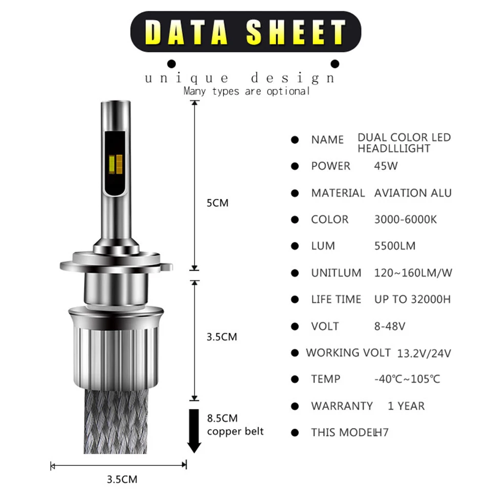 2 шт. триколор автомобиля h4 led h7 светодиодные лампы h1 h3 h8 h9 h10 h11 hb3 hb4 9005 9006 880 881 d1s d2s 90 Вт 11000lm 12V 24V Авто головного средства ухода за кожей Шеи светильник s светильник