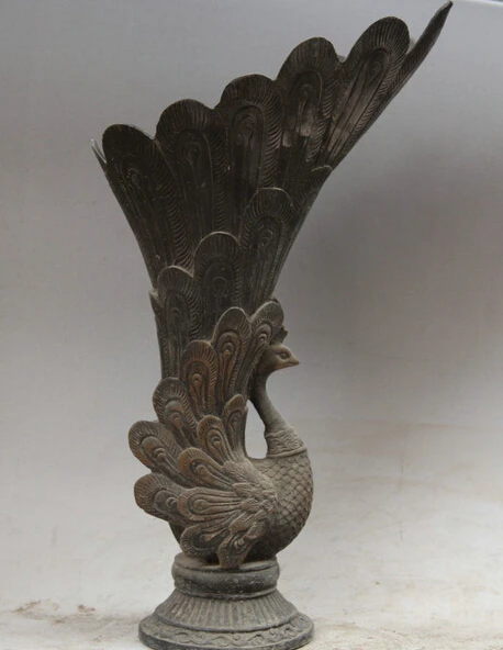 

wholesale factory 14" Old Chinese Dynasty palace peacock peafowl Bronze Bird Statue Vase Cup