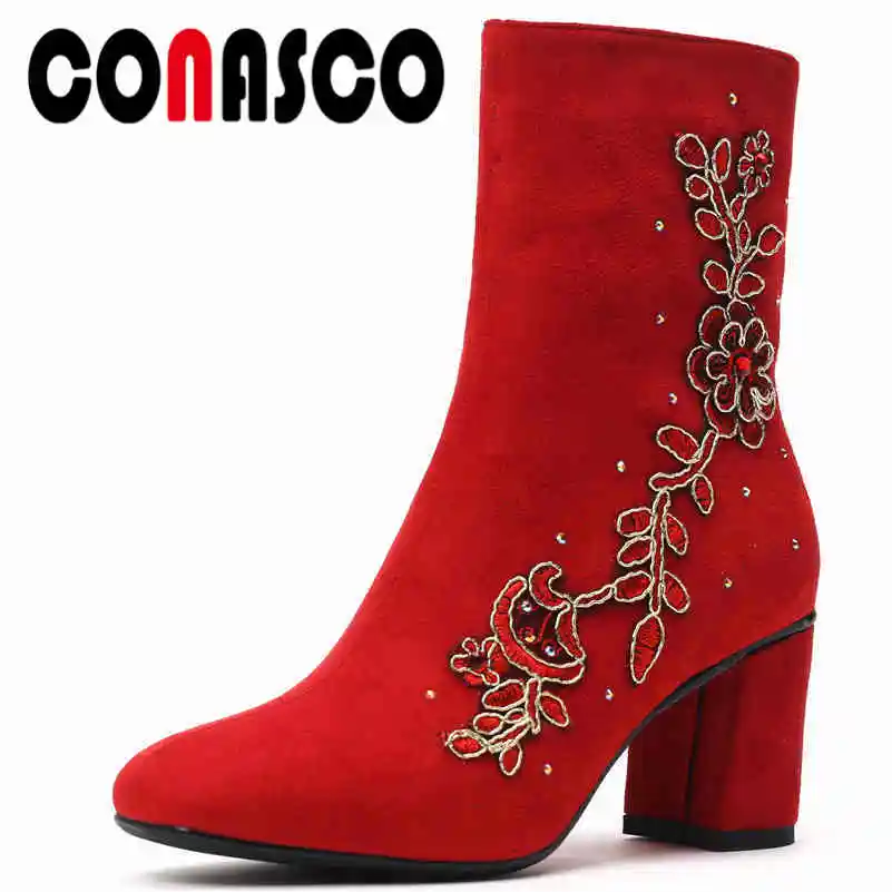 

CONASCO Fashion Vintage Solid Kid Suede Women Mid-Calf Boots Zippers High Heels Concise Elegant Embroider Party Shoes Woman