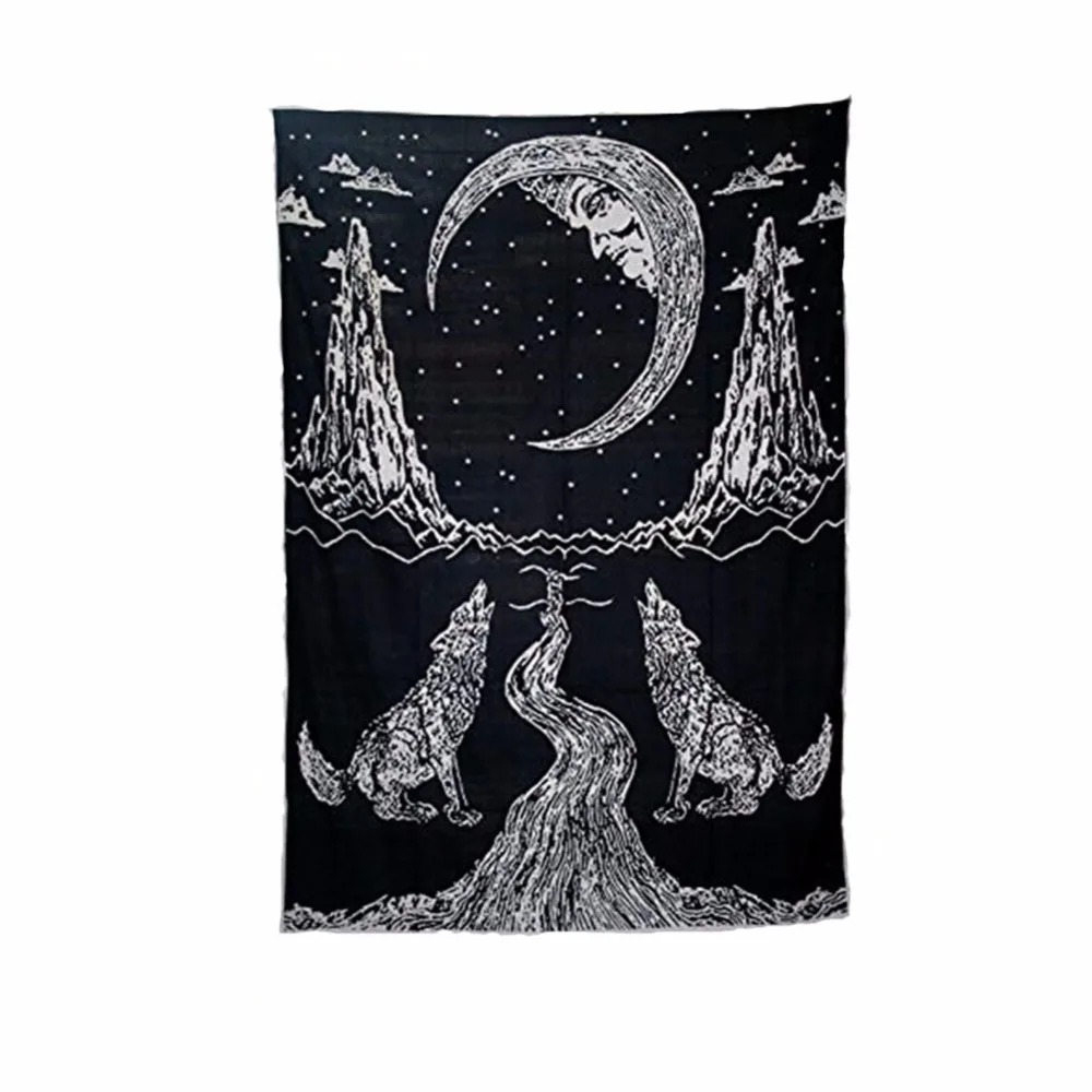 

Indian Mandala Tapestry Aubusson Colored Printed Decor Wolf Moon Mountain Tapestry Religious Boho Yoga Wolf Blanket Plus Size