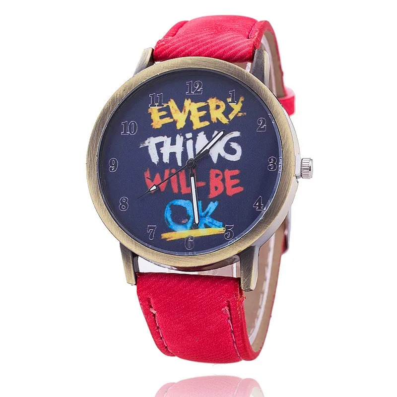 Винтажные джинсы часы для женщин кожа Everything Will Be OK часы модные повседневные наручные часы Relogio Feminino Прямая - Цвет: red