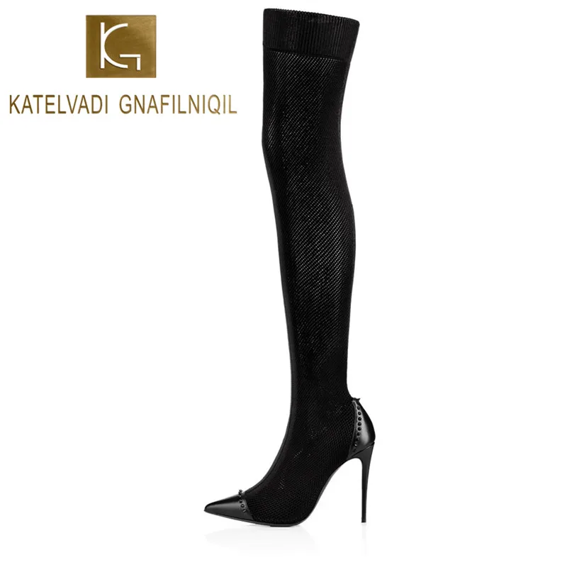 Koop Vrouwen Klinknagels Laarzen Schoenen Winter Dij Hoge Laarzen Sexy Stretch Over De Knie Hoge Laarzen Zwarte Slanke 10 cm Hoge hakken Laarzen K 078