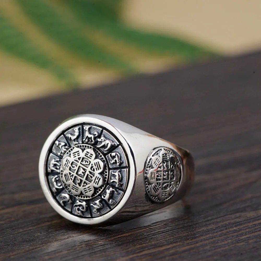 FNJ 925 серебряное круглое кольцо с анимальным узором,, Чистое Серебро S925 пробы, тайское серебро, кольца для мужчин, ювелирные изделия для мальчиков, США, размер 8-12,5 - Цвет основного камня: RING A