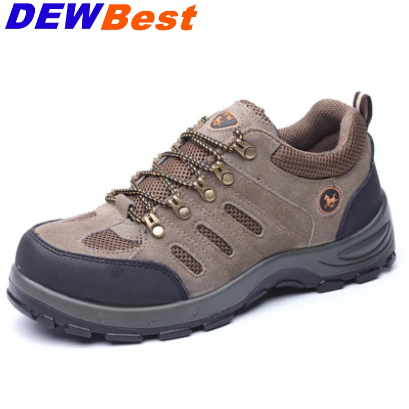 DEWBEST Men Steel Toe Safety Shoes Casual Breathable Work Shoes For Men Protective Building Footwear Sneaker - Цвет: HJ503-brown