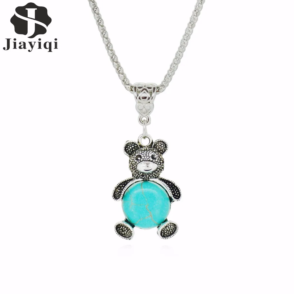 2017 New Arrival Vintage Animal Bear Silver Color Green Stone Necklaces