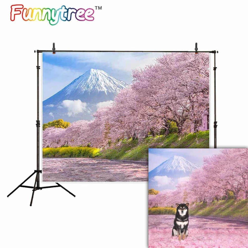OERJU 5x4ft Japanese Fuji Mountain Backdrop Old Temple Blossom Cherry Floral Photography Background Japan Theme Party Photo Booth Traveller Prom Decorations Wall Baby Shower Cake Table Banners 