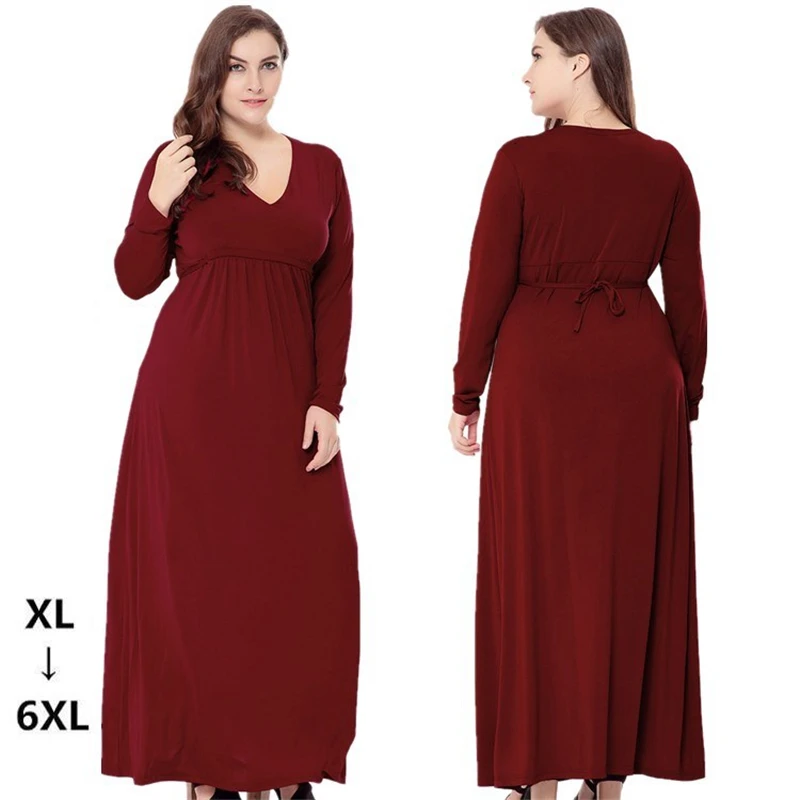 Buy Burgundy plus size long Dress women party wear maxi Dresses solid 6XL long
