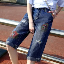 Джинсы женские по колено легкие отбеливатели мыть карманы на пуговицах отбеленные уличная летняя мода вышивка