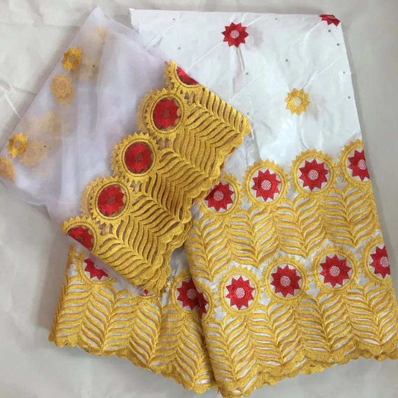 

5 colors (5+2 yards/set) delicate white African bazin lace fabric with wonderful red and gold embroidery for party dress BZL50