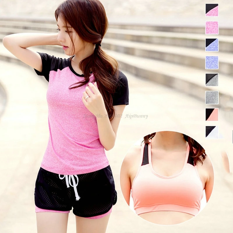 Summer Women's Yoga Set (Shorts & Short Sleeves Tees & Sport Bras) Big