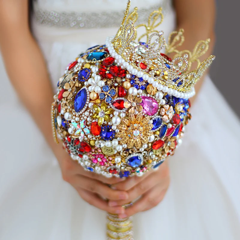 

Luxurious Crystal Rhinestones Bride Bouquet Royal Wedding Bride Bouquet Red Blue Gold Crown Colourful Jewelry Wedding Bouquet