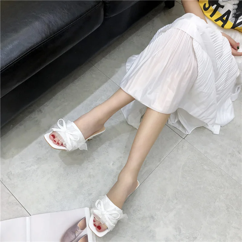 

Big Size Woman Shoes Luxury Shallow Butterfly-knot Square heel Women's Slippers 2019 Slides Heeled Mules Low Designer