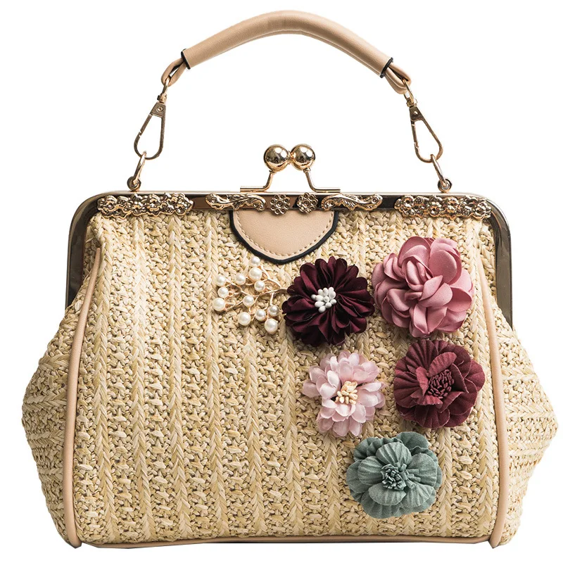 

Straw Knitting Flower Women Handbags Small Woven Women Messenger Bags Summer Beach Casual Tote Bag Lady Mini Crossbody Bag Chain