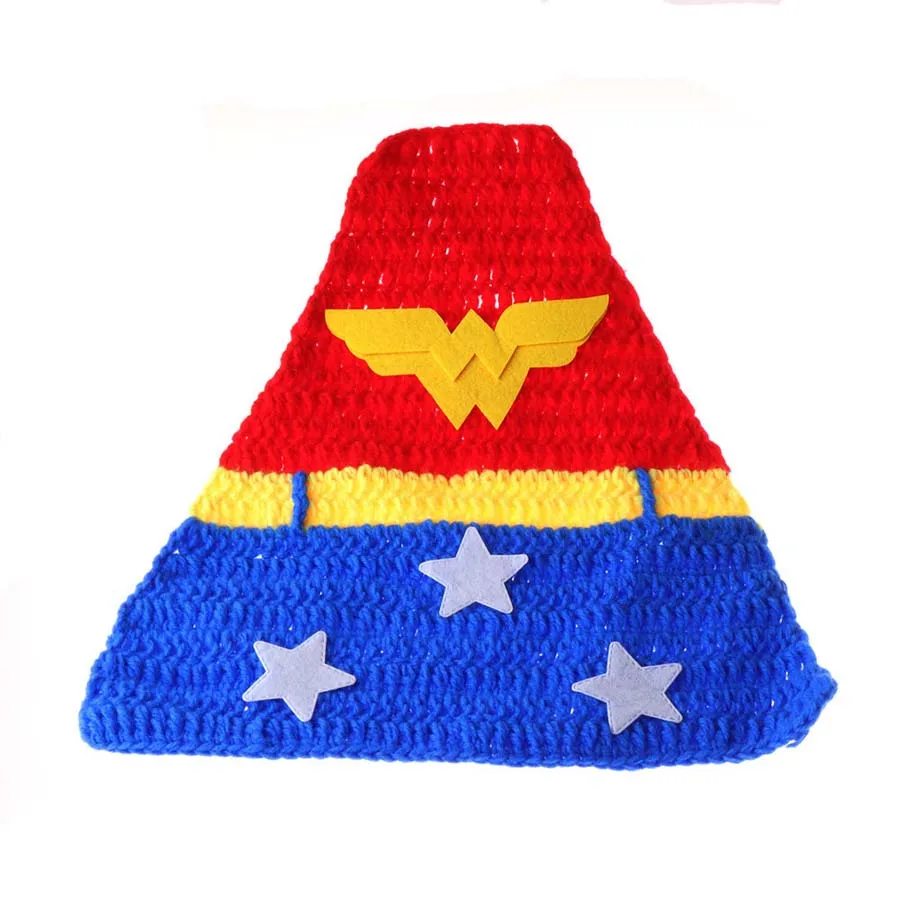 New Superhero Baby Crochet Wonder Woman Costume Newborn Knitted Comics Photography Prop Cape Crown and Wristlets Outfit (8)