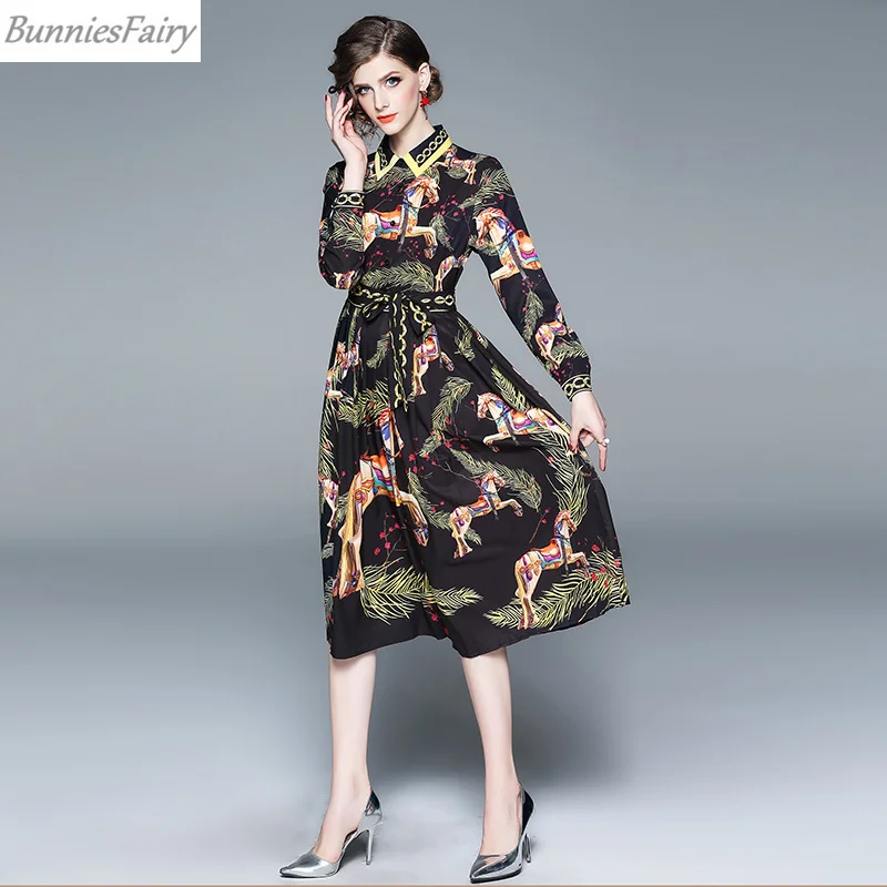 

BunniesFair 2019 Spring New French Style Vintage Retro Horse Animals Floral Print Pleated Black Midi Dress Long Sleeve with Sash