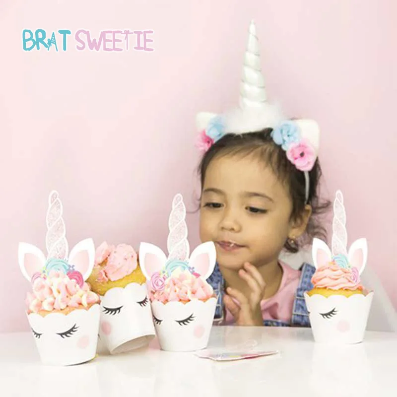 

Unicorn Party Unicornio Horn Cupcake Toppers Wrappers Baby Shower Birthday Party Decoration Kids Cake Decorating Tools Supplies