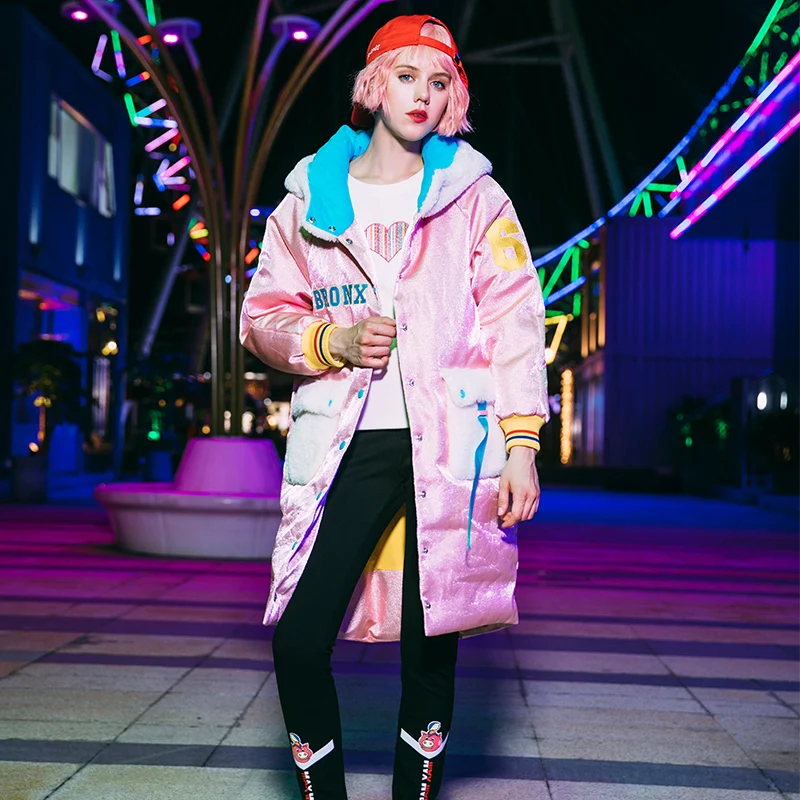 

2018 Women Winter New Thick Warm Hooded Long Down Jacket Female Fashion Letter Embroidery Parka Casual Loose Pink Outerwear Z918