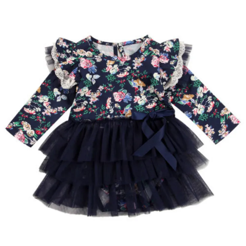 

new vintage Toddler Baby Girl dress lace floral Dress Princess ruffles long sleeve Party Wedding Tulle Dresses