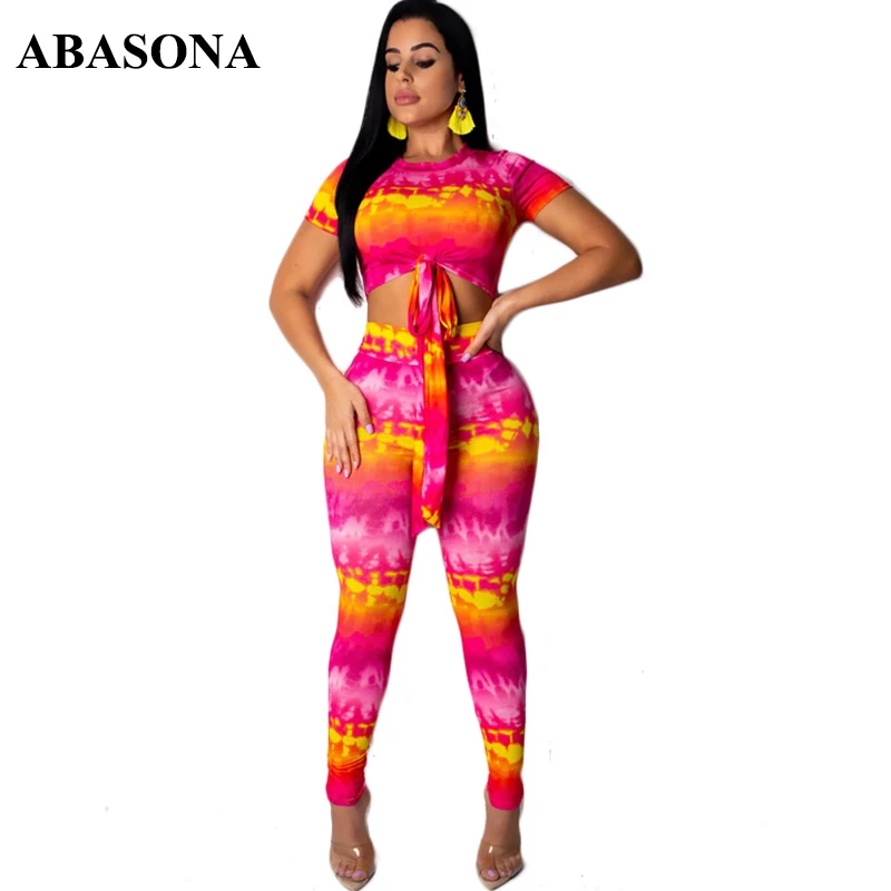

ABASONA New 2019 Women Tie Dyed Print O-neck Tie Up Hem Short Tee Top Skinny Pants Suit 2pcs Set Bodycon Beach Tracksuit Outfit