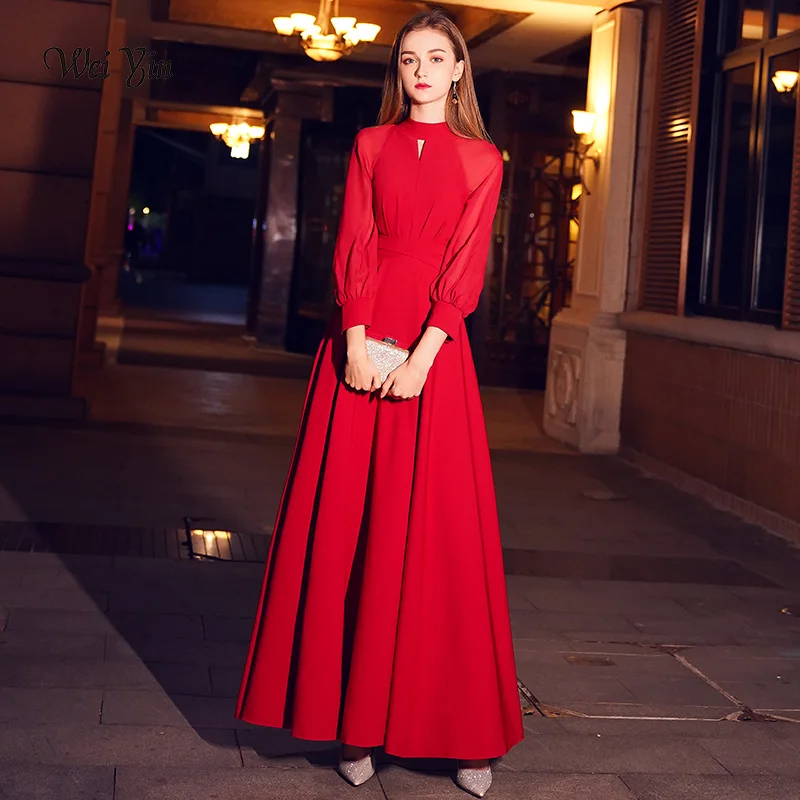 

weiyin Red Elegant A Line Long Evening Dress 2019 New High Neck Long Sleeves Party Gown Bodice Vestido Longos WY1243
