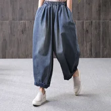 Женские весенние свободные джинсовые штаны-шаровары, женские джинсы с эластичной резинкой на талии, винтажные джинсовые брюки размера плюс, женские отбеленные джинсы