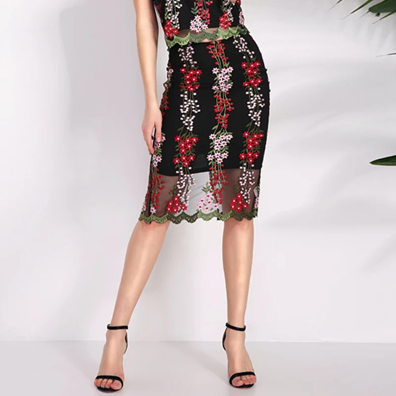

Fashion 2019 Summer Women Pencil Skirts Vintage Elegant Back Split Floral Embroidery Mesh Splicing Skirt Plus Size S-XXL