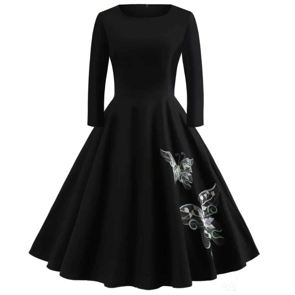 

Joineles Plus Size 5XL Women Vintage Dress Embroidery Butterfly Swing Rockabilly Retro Dress Party Vestidos Long Sleeves Dress