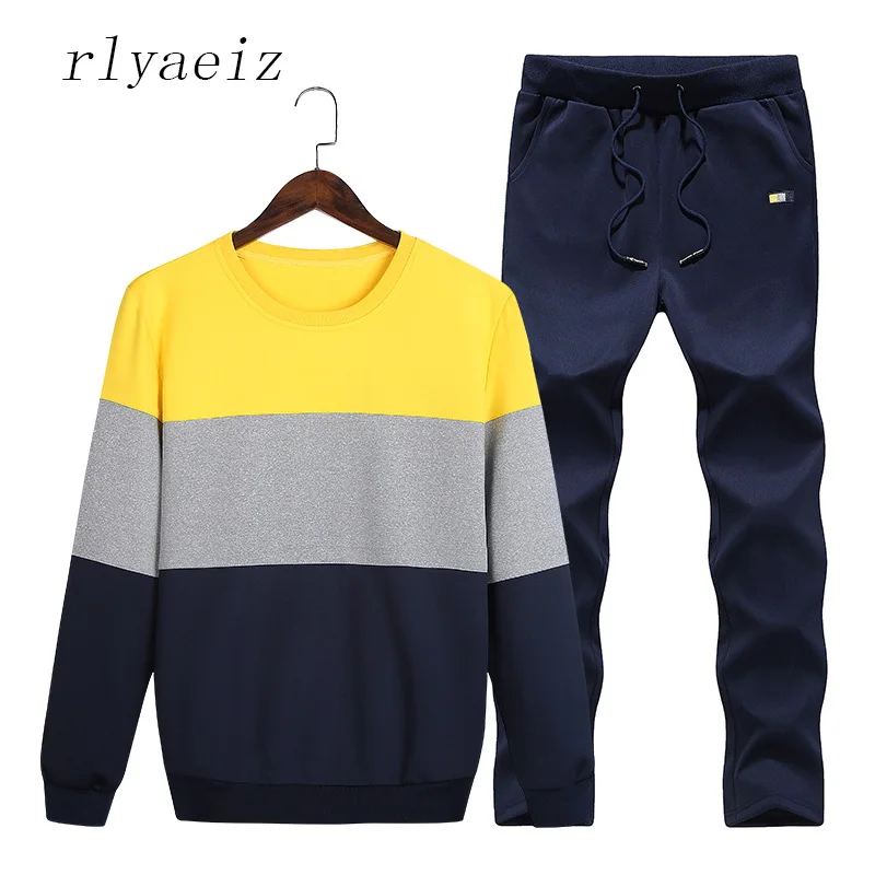 Rlyaeiz Лидер продаж 4XL Повседневное спортивные костюмы Для мужчин спортивная Лоскутная Цвет толстовки + брюки костюмы комплект из двух