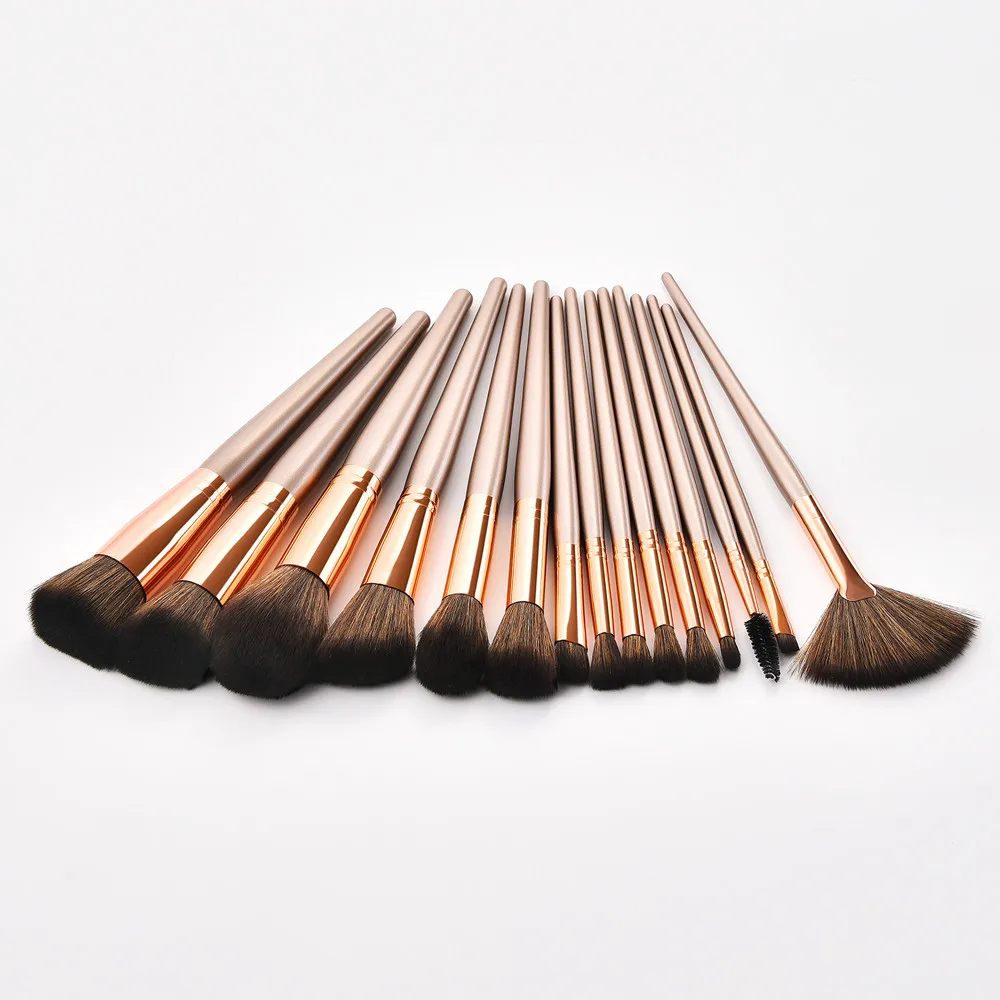 

2019 high quality 15PCS Brown Cosmetic Makeup Brush Brushes Foundation Powder Eyeshadow Brush Set Fan Lip Face Make Up Brushes