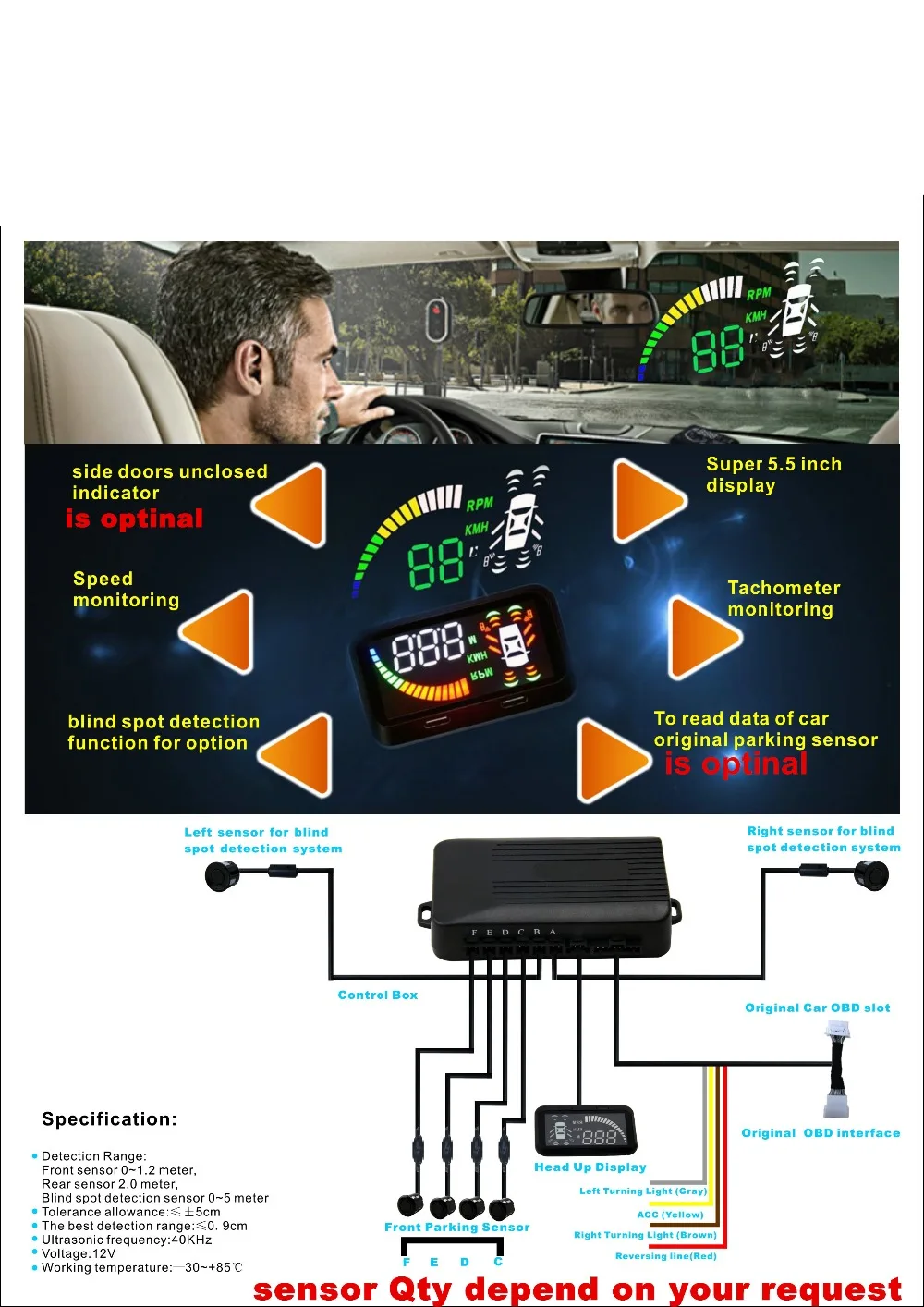 Head Up Display Obd 2+parking Sensors+blind Spot Warning W 5.5 Car Hud