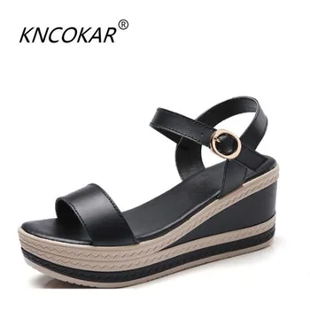 

KNCOKAR 2018 Summer new style women thick - bottomed leather style comfortable and comfortable solid color wedge sandals 35-40