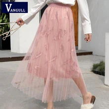 VANGULL летняя новая модная Милая женская тонкая сетчатая юбка женский с эластичной талией бисерная вышивка перьями однотонные плиссированные юбки
