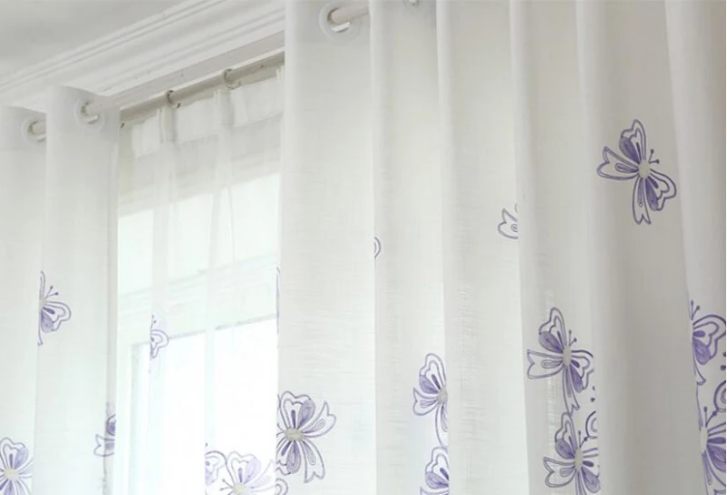 Фиолетовые шторы с белой бабочкой, с вышивкой, вуаль, на окно, современные, для гостиной, сельские шторы, льняные, отвесные ткани, Cortinas X067#30