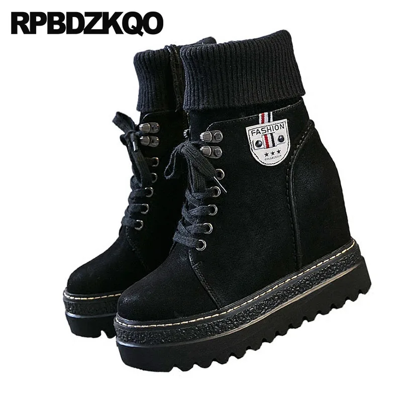 Avant Casual Bottes Noir brow Automne Extrême Lacent Caché Tricot Noir Flatform Militaire En Femmes Combat Chaussette Chaussures Fétiche Haut Talon Cheville wYq6Ax7a