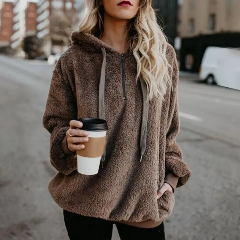 

Autumn Winter Women's Long Sleeve Hooded Fleece Sweatshirt Thicken Warm Zip Up Hoodie Pullover