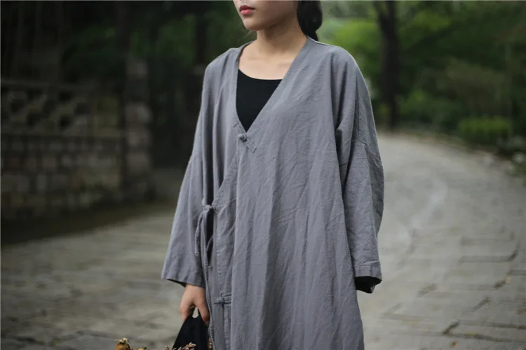 Китайский стиль, длинное кимоно, блуза, рубашка для женщин, винтажная, хлопок, лен, длинная рубашка, плюс размер, кимоно, блузка, топы, халат, D055 - Цвет: Темно-серый
