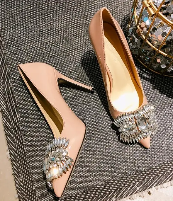 

Carpaton Sexy Nude Patent Leather High Heel Shoes Pointed Toe Crystal Wedding Heels Woman Shallow Stiletto Heels Party Shoes